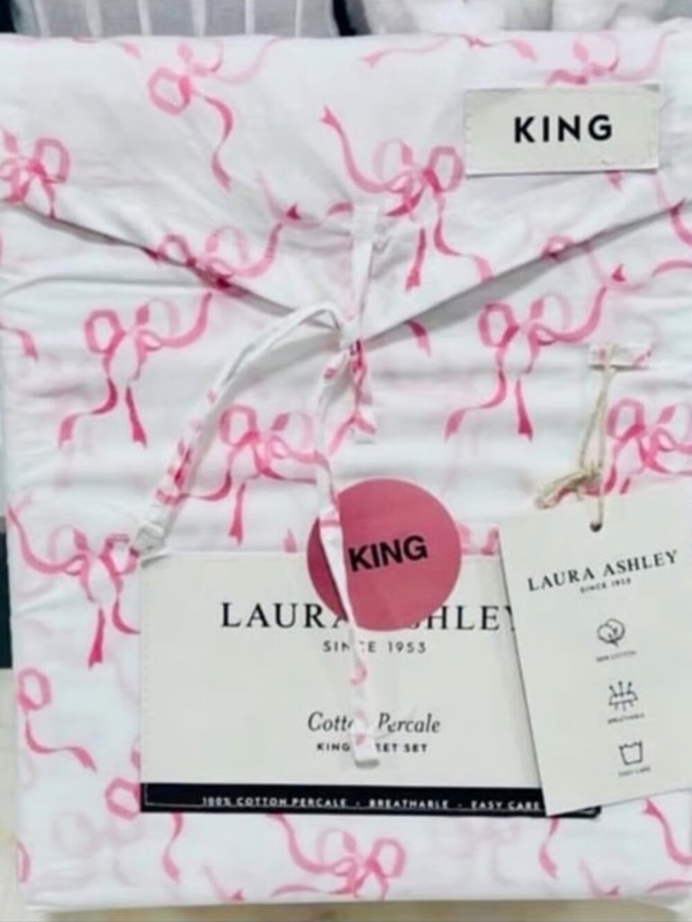 Laura Ashley Pink Trailing Bows King Size Cotton Sheet Set crisp cotton percale